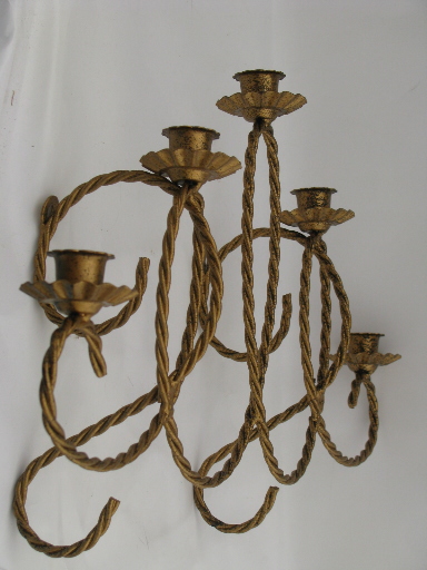 Gold tole twisted wire wall sconce candelabra w/ glass candle holders
