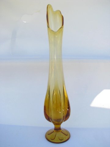 Golden amber tall art glass vase, mod freeform swung shape, retro 60s vintage