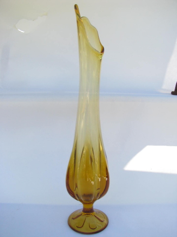 Golden amber tall art glass vase, mod freeform swung shape, retro 60s vintage