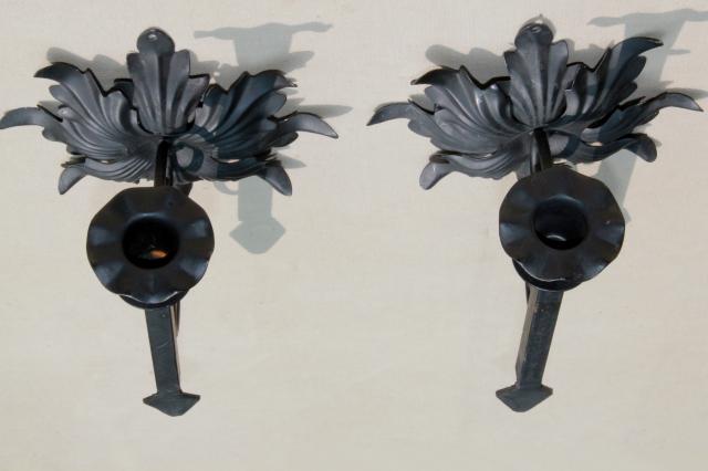 gothic black iron candle sconces & huge ornamental key, vintage wall art candle holders set