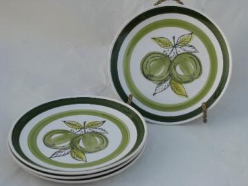 Green Apples, retro pottery fruit plates, 60s vintage Japan stoneware