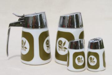 Green morning glory milk glass kitchen glassware, dripcut syrup pitcher, dispenser & shakers