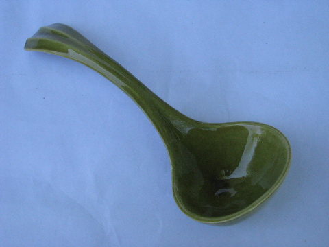 Green olive ceramic tureen w/soup ladle, retro California pottery