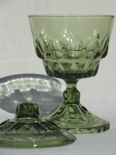 Green thumbprint glass candy dish, 60s 70s vintage Hazel Atlas glassware