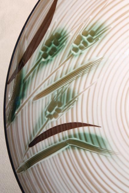 green wheat pattern ceramic salad bowl, vintage hand painted china w/ Napco Japan label