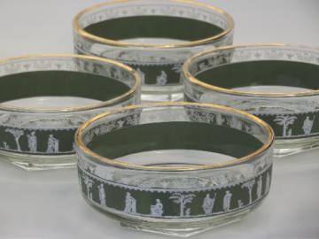 Green & white cameo Hellenic grecian pattern glass bowls, 60s vintage