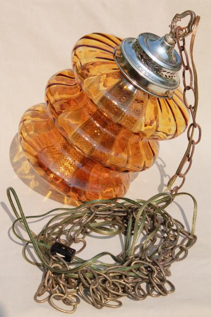 groovy 60s vintage swag lamp w/ curvy amber glass shade, pendant lantern light