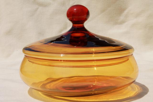 hand blown amber glass jar w/ retro genie bottle shape, 60s mod vintage candy dish
