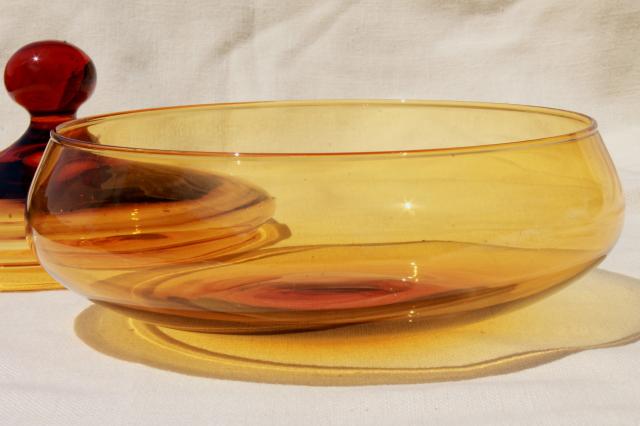 hand blown amber glass jar w/ retro genie bottle shape, 60s mod vintage candy dish