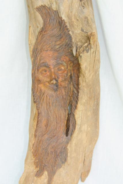 hand carved green man tree spirit w/ owl, 80s vintage signed carving natural driftwood