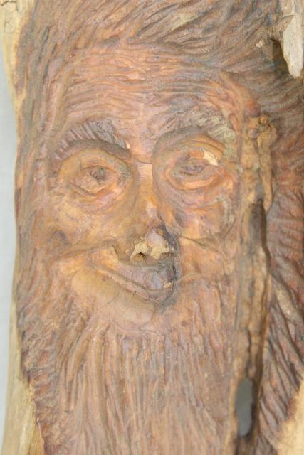 hand carved green man tree spirit w/ owl, 80s vintage signed carving natural driftwood