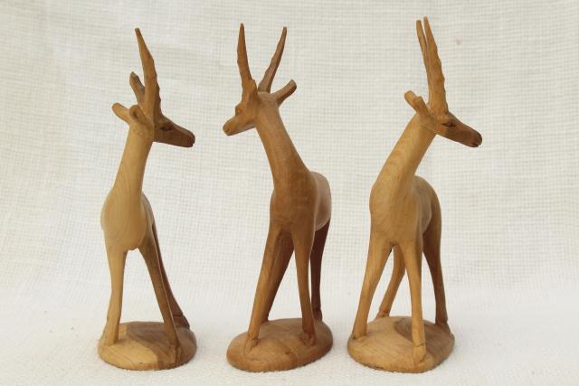 hand carved natural wood antelope deer, vintage African carvings statues figurines
