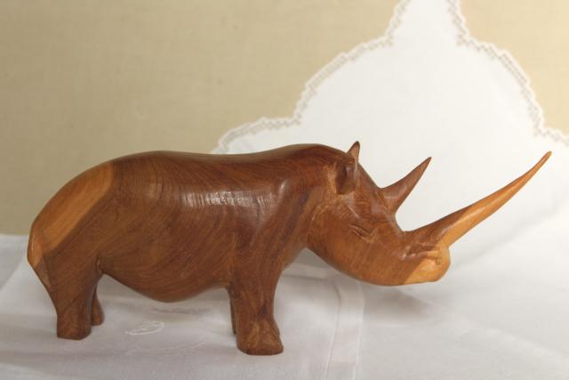 hand crafted carved wood rhino, rustic wooden animal sculpture, Indian rhinoceros