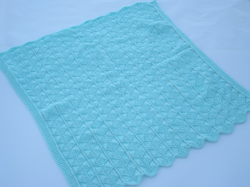Hand knit baby blanket, vintage afghan in soft seafoam green acrylic