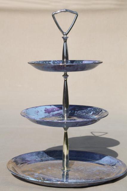 hand painted marbled iridescent skytone blue china three tier cake stand, tiered plate serving tray