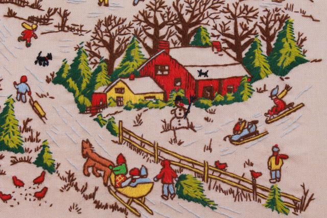 hand stitched crewel wool embroidery picture, folk art Americana winter village landscape skaters
