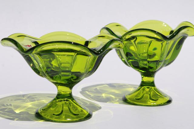 hand-blown art glass candle holders in retro lime green color, vintage Viking label