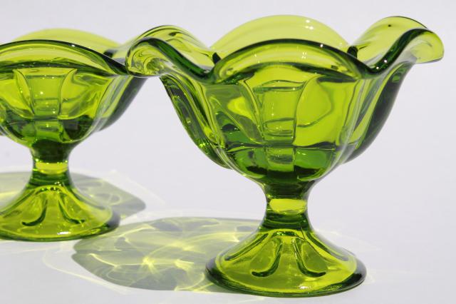hand-blown art glass candle holders in retro lime green color, vintage Viking label