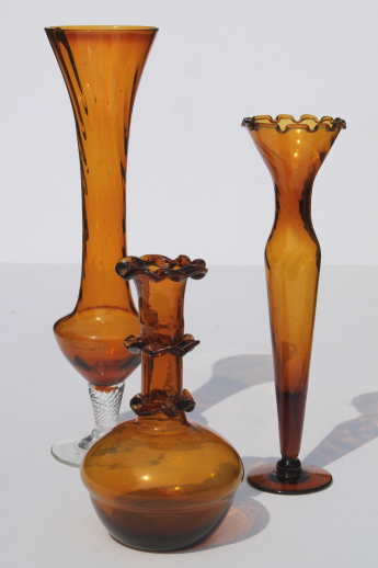 Hand-blown glass bud vases, vintage amber art glass bud vase collection