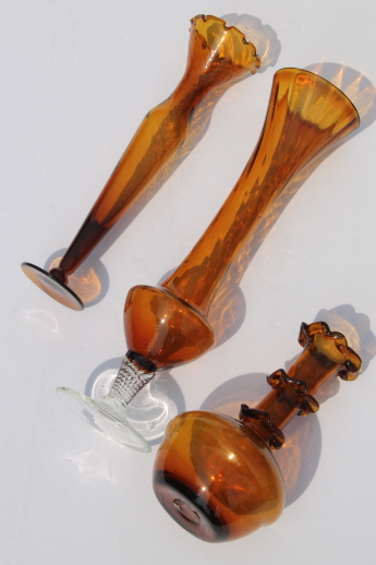 Hand-blown glass bud vases, vintage amber art glass bud vase collection