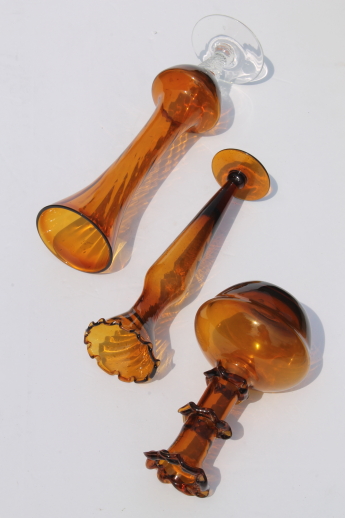 Hand-blown glass bud vases, vintage amber art glass bud vase collection