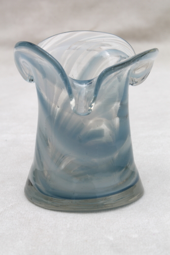 Hand-blown glass top hat vase or toothpick holder, swirled clear / slag glass