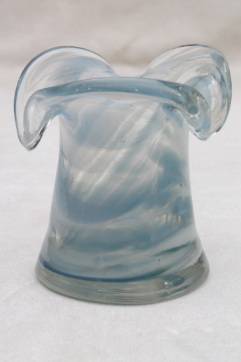 Hand-blown glass top hat vase or toothpick holder, swirled clear / slag glass