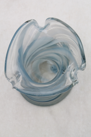 Hand-blown glass top hat vase or toothpick holder, swirled clear / slag glass