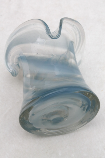 Hand-blown glass top hat vase or toothpick holder, swirled clear / slag glass