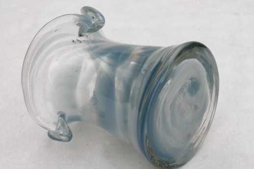 Hand-blown glass top hat vase or toothpick holder, swirled clear / slag glass