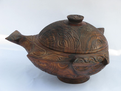 Hand-carved ironwood bowl, abstract fish shape, vintage African art?