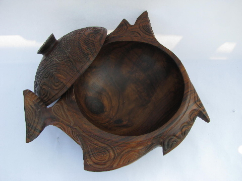 Hand-carved ironwood bowl, abstract fish shape, vintage African art?