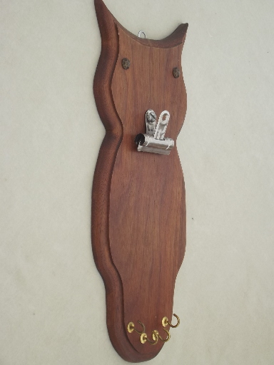 Handcrafted wood owl kitchen note board with hooks for keys, 70s retro!