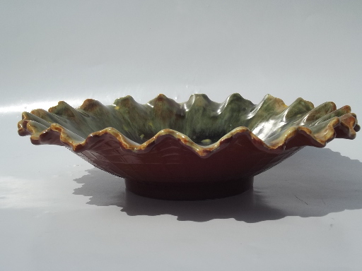 Handmade 70s vintage ceramic bowl, mottled green glaze w/ gold flambe