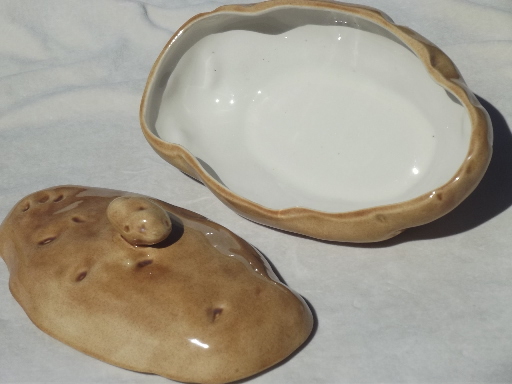 Handmade ceramic baked potato bowl, 70s vintage potato  dish w/ sauce dish