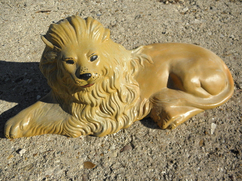 Handmade ceramic lion w/ flowing mane, large hearth statuary piece