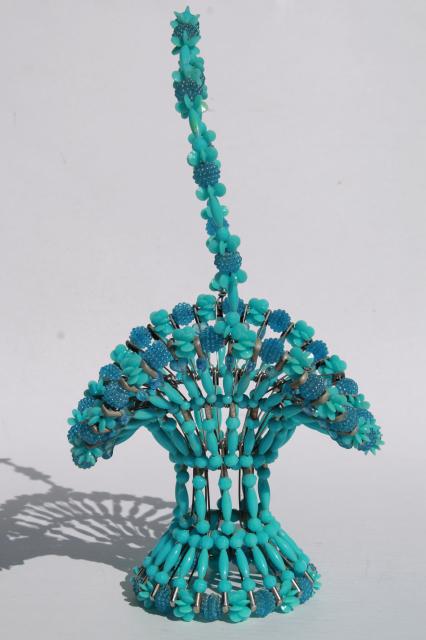 handmade vintage beaded safety pin basket, french delphite blue turquoise plastic beads