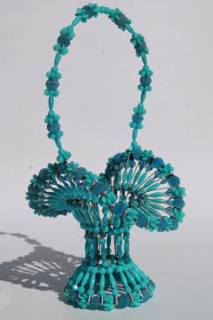 handmade vintage beaded safety pin basket, french delphite blue turquoise plastic beads