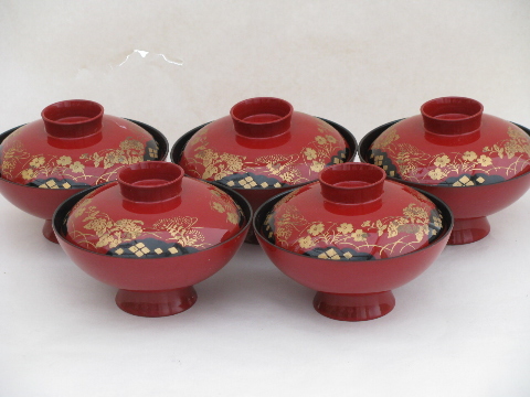 Hand-painted Japan red & gold lacquerware, lacquer rice bowls w/ covers
