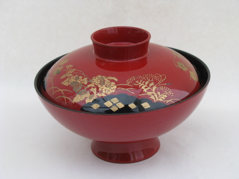 Hand-painted Japan red & gold lacquerware, lacquer rice bowls w/ covers