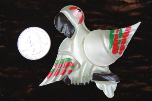 Hand-painted pearly plastic parrot pin, mid-century vintage early plastic costume jewelry
