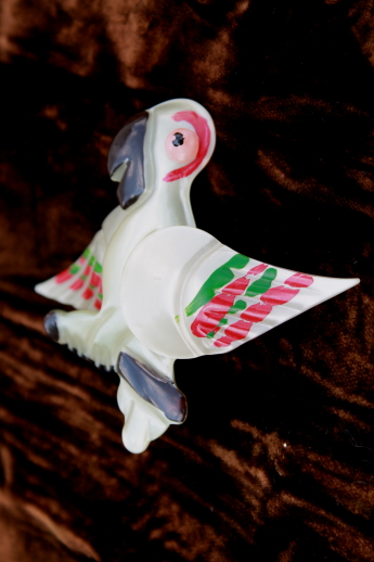 Hand-painted pearly plastic parrot pin, mid-century vintage early plastic costume jewelry