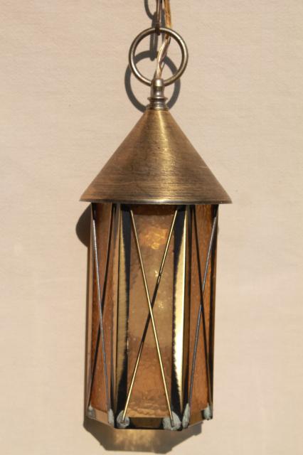 hanging brass lanterns pendant light w/ twin lights, retro 60s vintage swag lamp