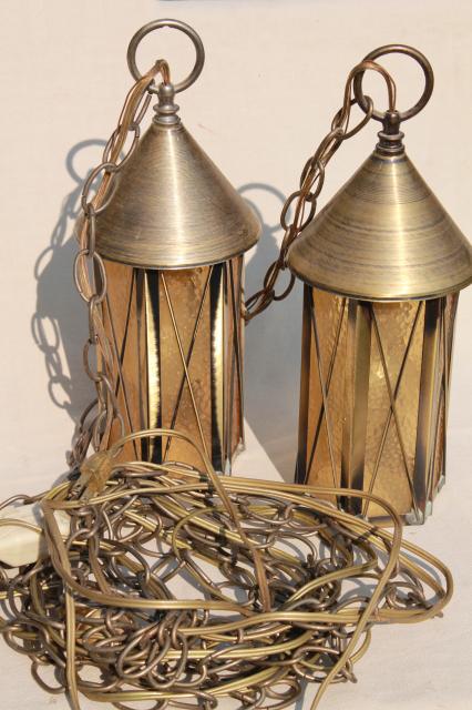 hanging brass lanterns pendant light w/ twin lights, retro 60s vintage swag lamp