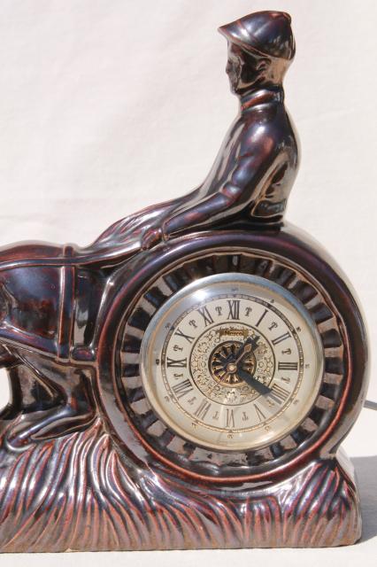 harness track racing jockey & horse vintage ceramic mantle clock, retro TV lamp style!