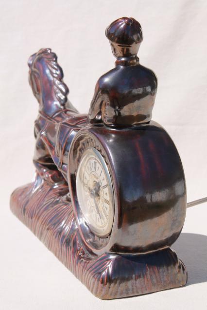 harness track racing jockey & horse vintage ceramic mantle clock, retro TV lamp style!