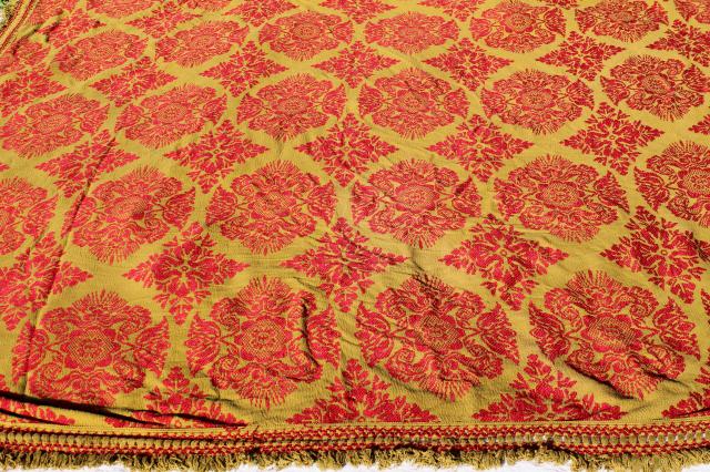heavy fringed brocade bedspread, boho 60s 70s vintage coverlet olive green & red