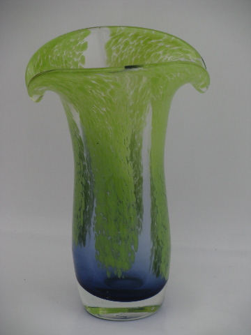 Heavy hand blown art glass vase, cobalt blue and lime green tulip shape