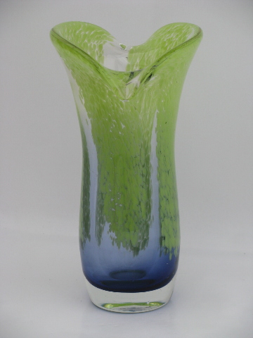 Heavy hand blown art glass vase, cobalt blue and lime green tulip shape