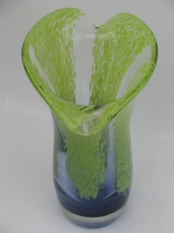 Heavy hand blown art glass vase, cobalt blue and lime green tulip shape